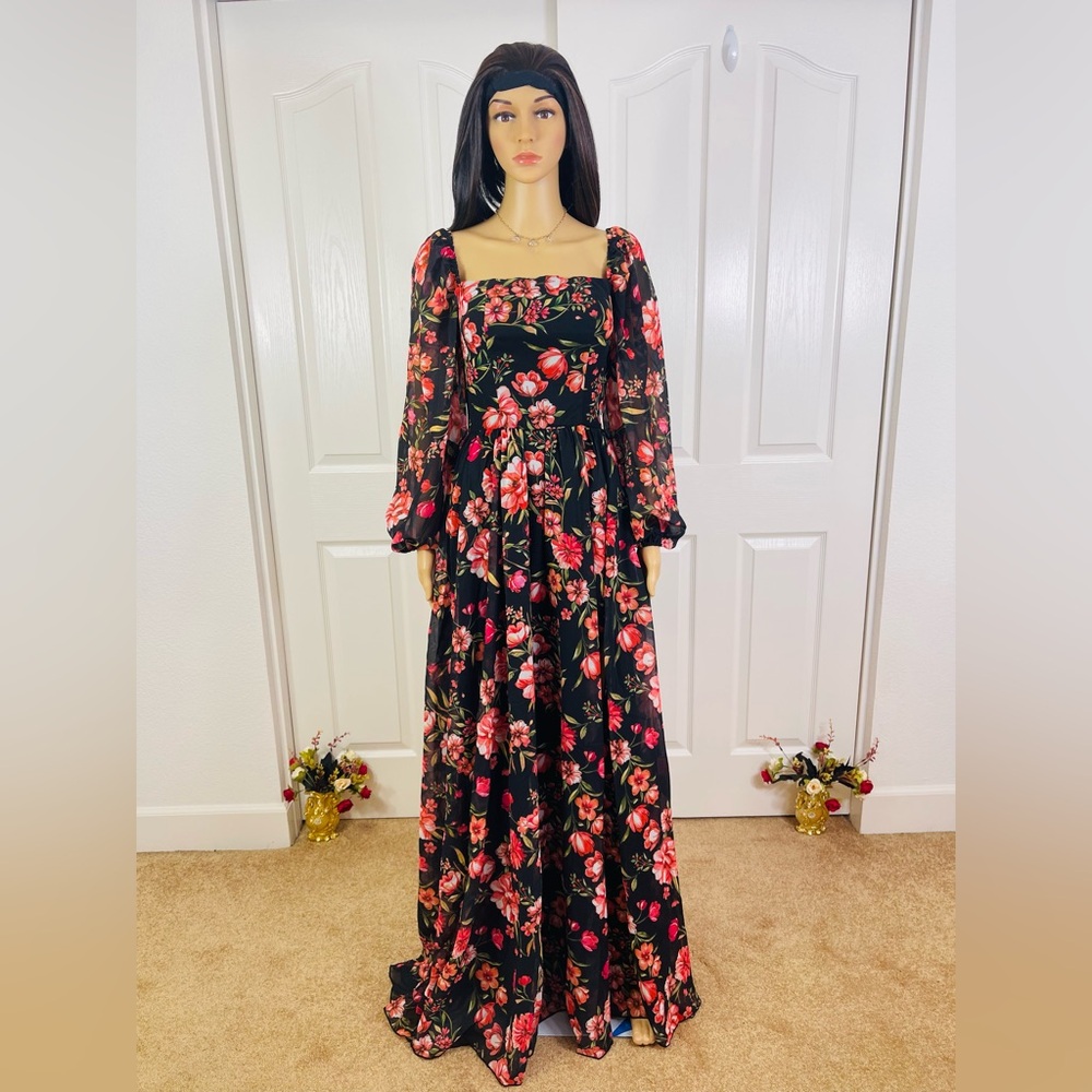 Black Floral Square-Neck Maxi Dress with Long Sheer Sleeves